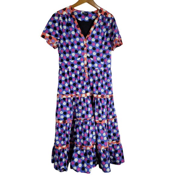 J. Peterman Dresses & Skirts - J Peterman Retro POlka Dot Midi Dress Womens 12 Blue Button Up Full Skirt Tiered